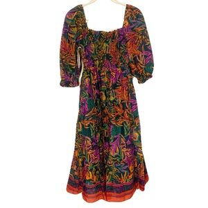 J. Marie Women’s XS Colorful Tropical Floral Smocked Puff Sleeve Midi Dress